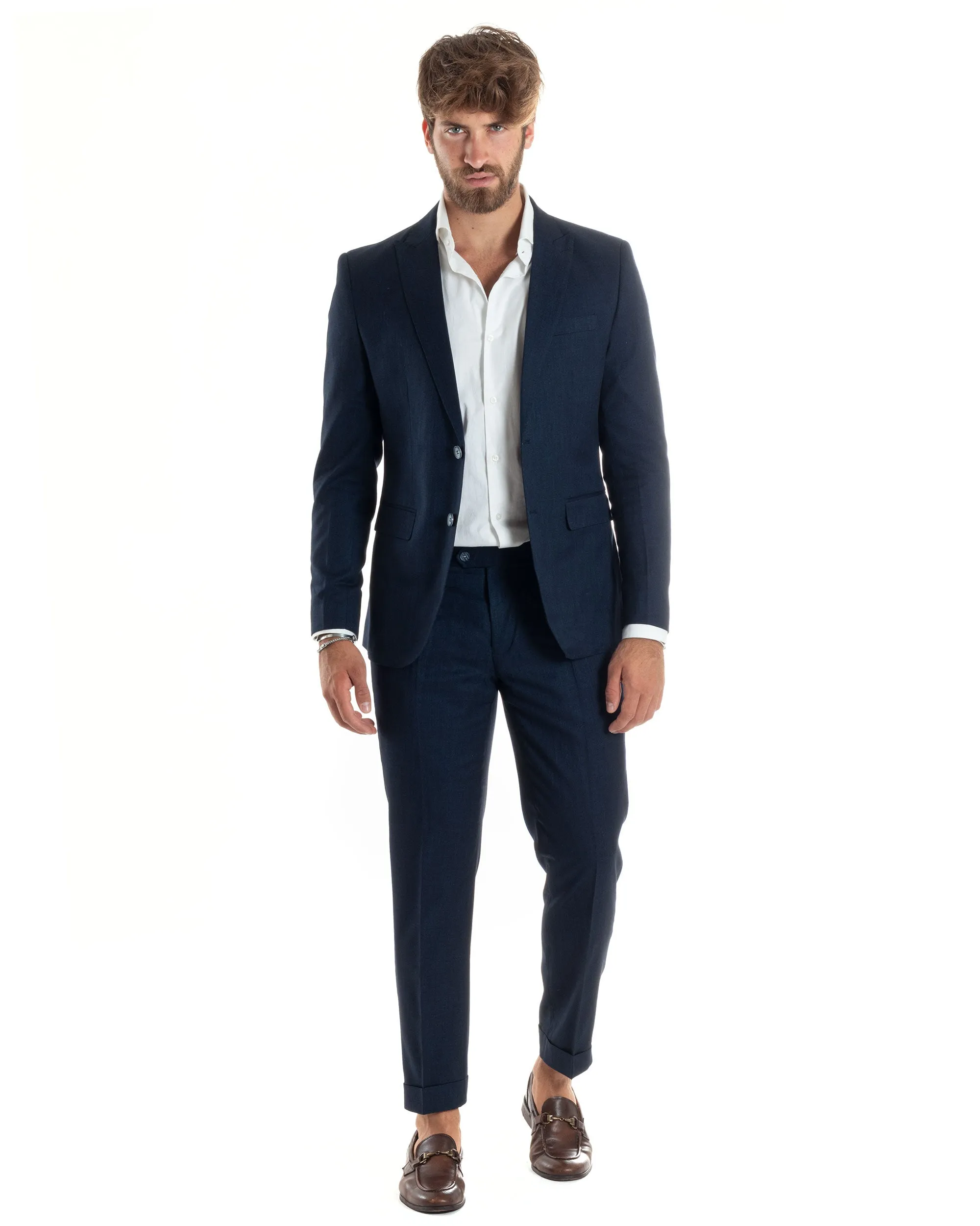 Abito Uomo Completo Sartoriale Monopetto Giacca Pantaloni Casual Elegante Tinta Unita Melangiato Blu GIOSAL-AE1071A