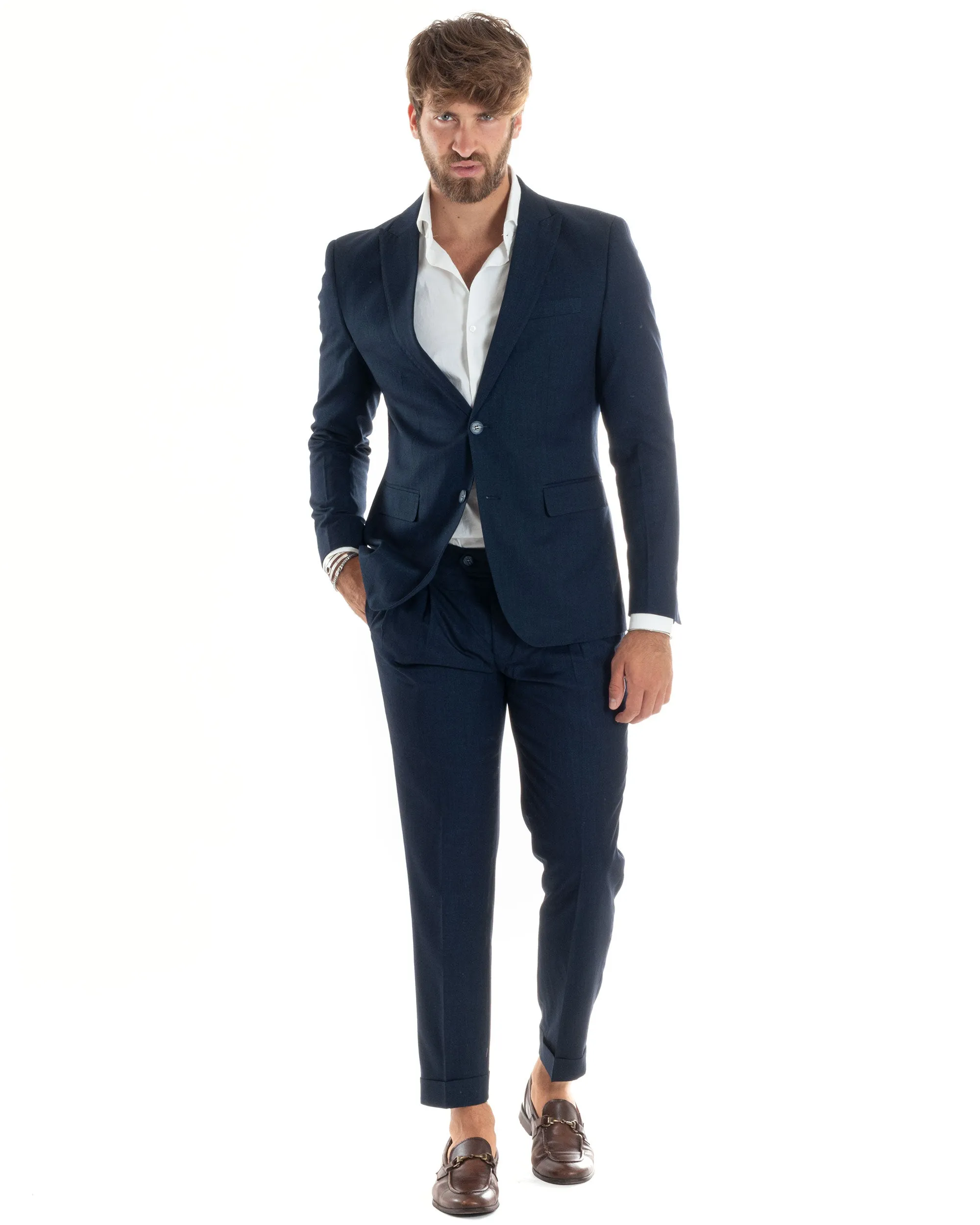 Abito Uomo Completo Sartoriale Monopetto Giacca Pantaloni Casual Elegante Tinta Unita Melangiato Blu GIOSAL-AE1071A