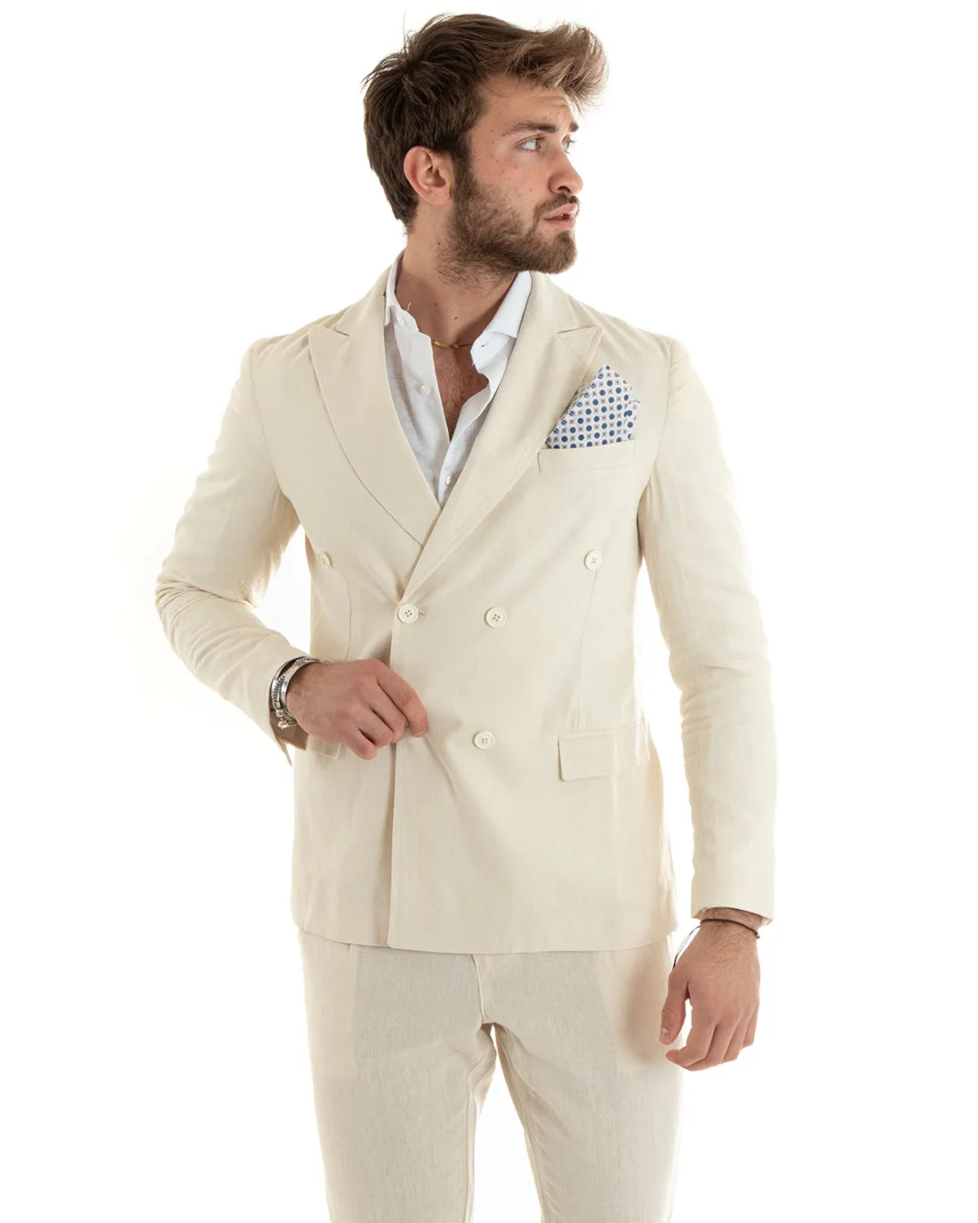 Abito Uomo Doppiopetto Completo Sartoriale Lino Giacca Pantaloni Tinta Unita Beige GIOSAL-OU2329A