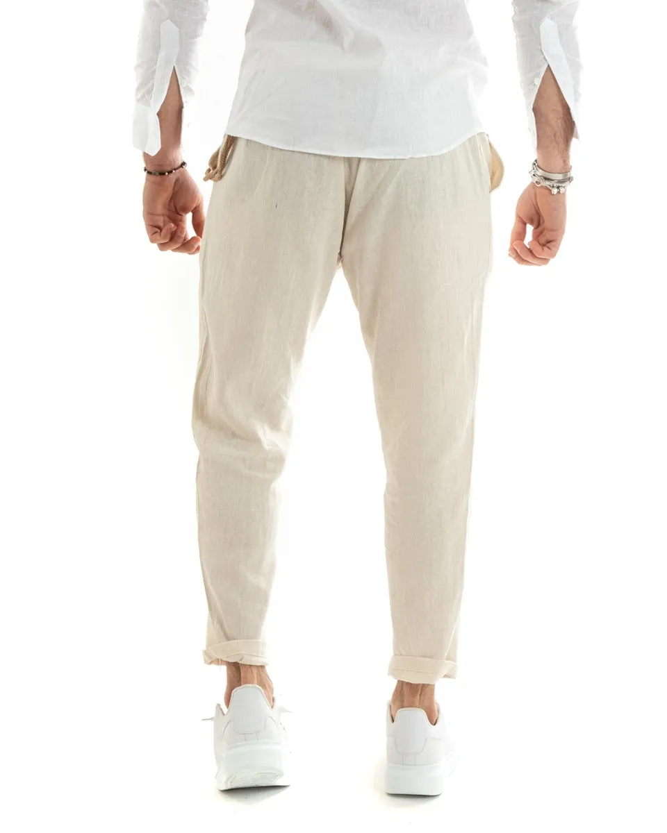 Abito Uomo Doppiopetto Completo Sartoriale Lino Giacca Pantaloni Tinta Unita Beige GIOSAL-OU2329A