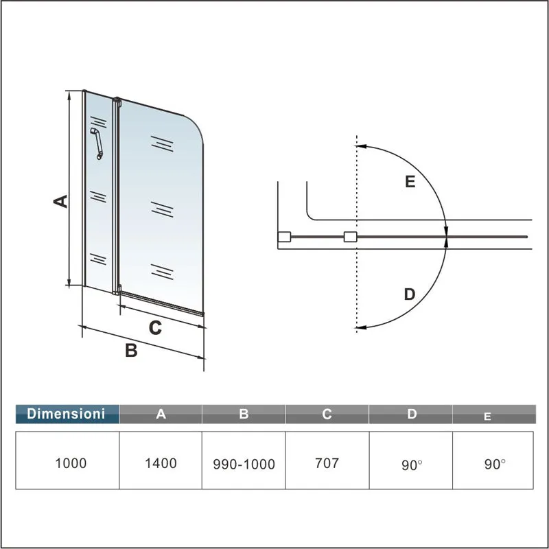 Aica 100x140cm Sopravasca Parete Per Vasca 2 Ante Con Barra Stabilizzatrice Vetro Temperato 4 mm Trasparente Telaio Con Processo Di Elettroforesi