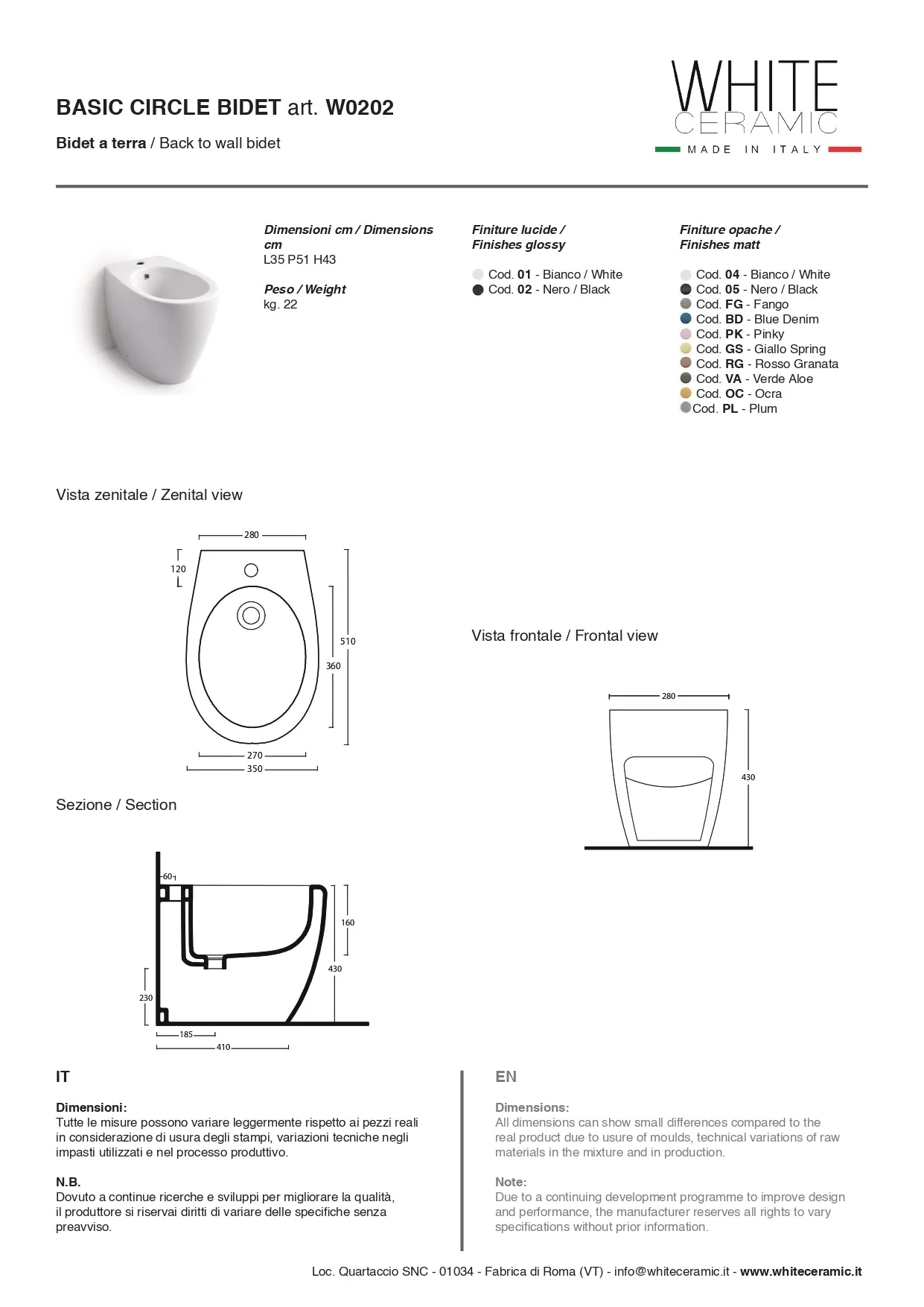 Bidet Filo Muro Basic Circle White Ceramic