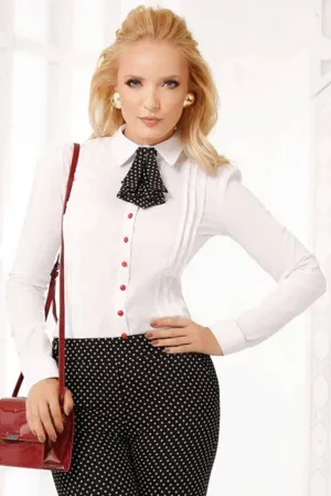 Camicia elegante office bianca Fofy a maniche lunghe con accessorio a jabot nero a pois bianchi - Moda Mania