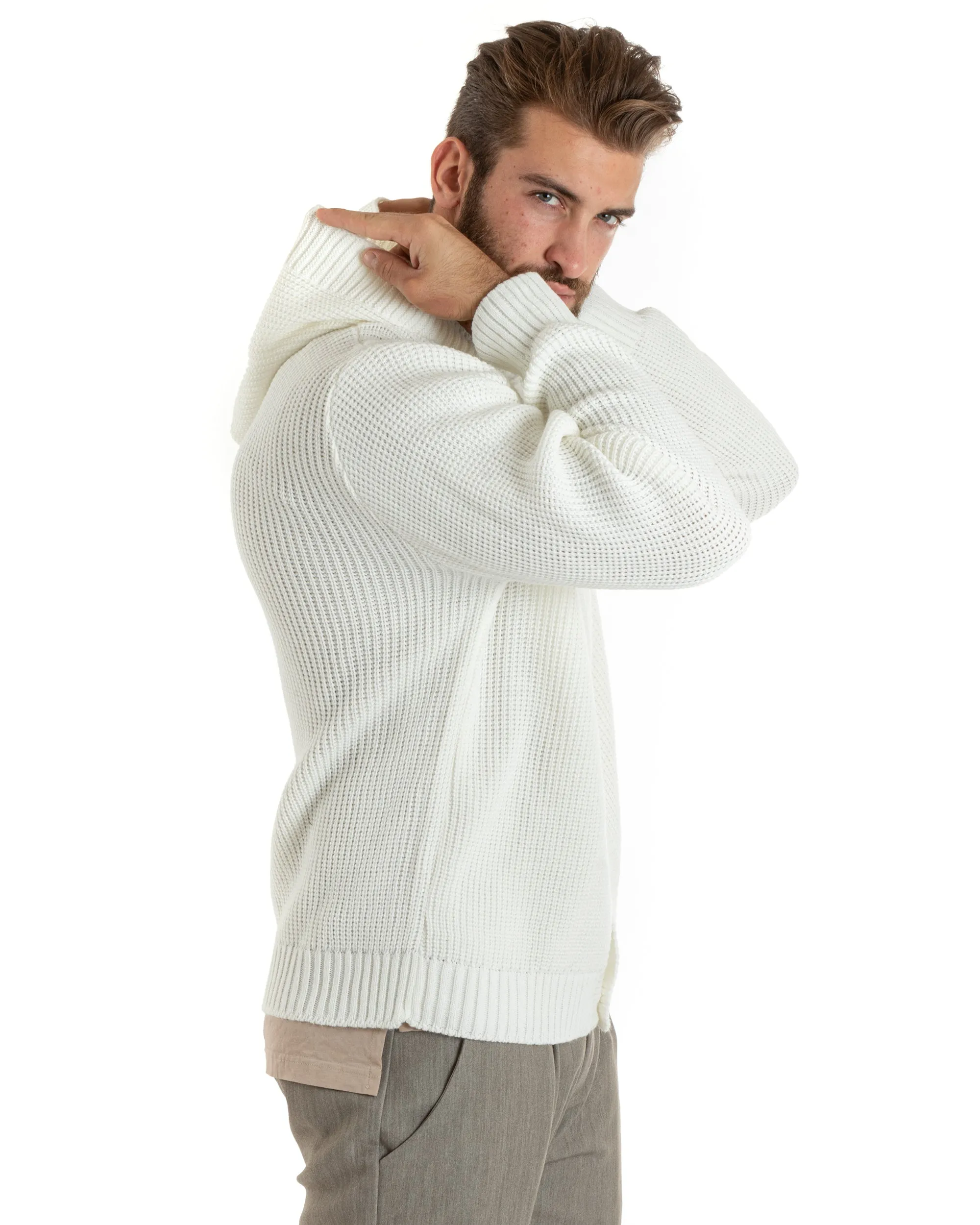 Cardigan Uomo Giacca Con Bottoni Maglia Inglese Maglioncino Con Cappuccio Bianco Casual GIOSAL-M2739A