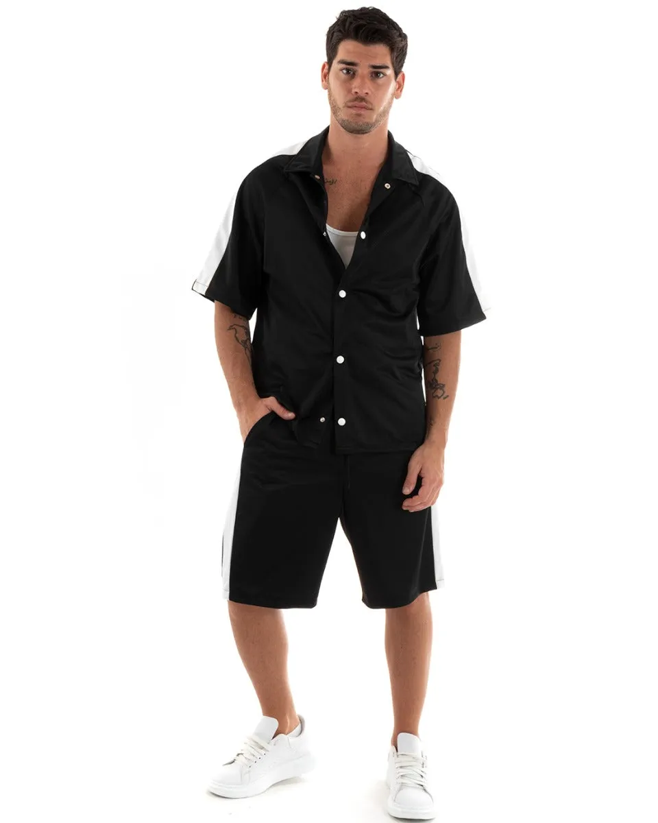 Completo Set Coordinato Uomo Viscosa Camicia Con Colletto Bermuda Outfit Nero GIOSAL-OU2366A