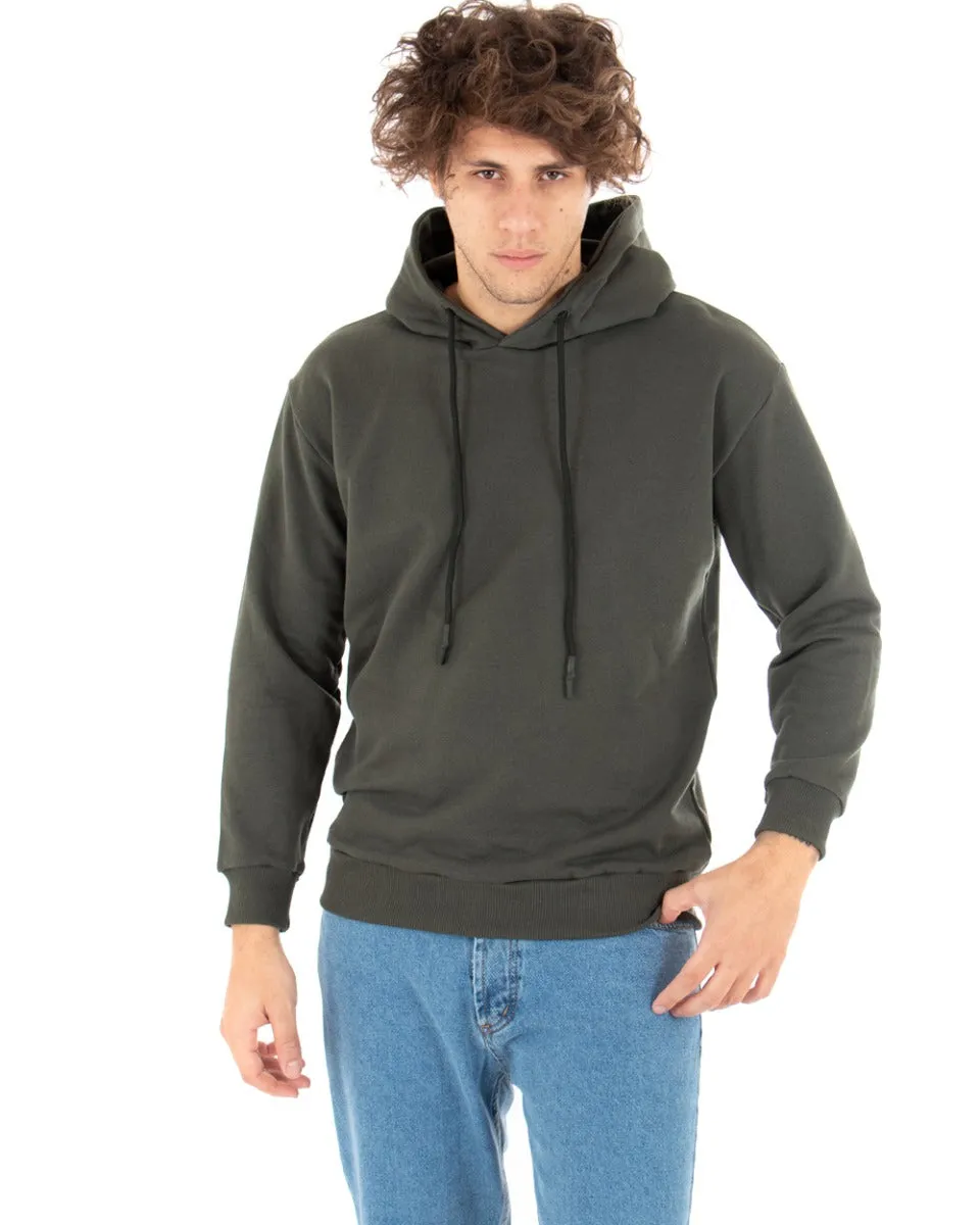 Felpa Con Cappuccio Uomo Basic Tinta Unita Verde Comoda Relaxed Fit Garzata Leggera GIOSAL-F2873A