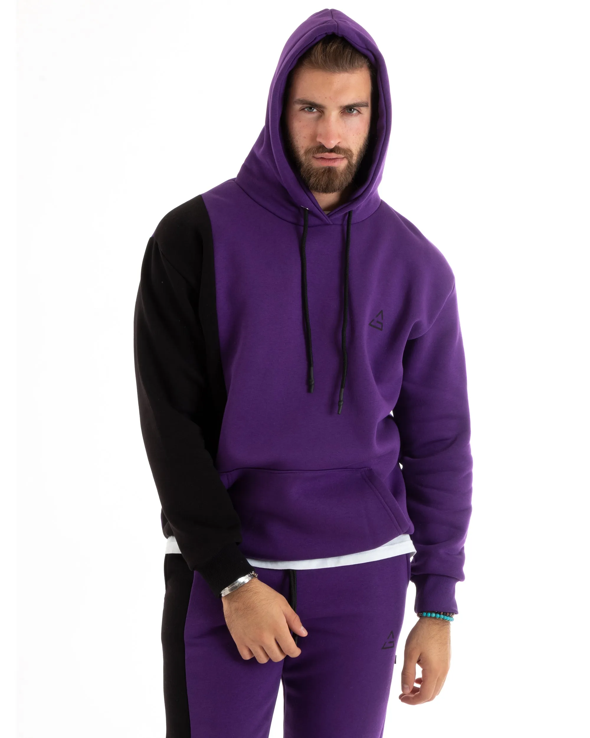 Felpa Uomo Con Cappuccio Maglia Felpata Basic Tinta Unita Bicolore Viola Regular Fit GIOSAL-F3012A