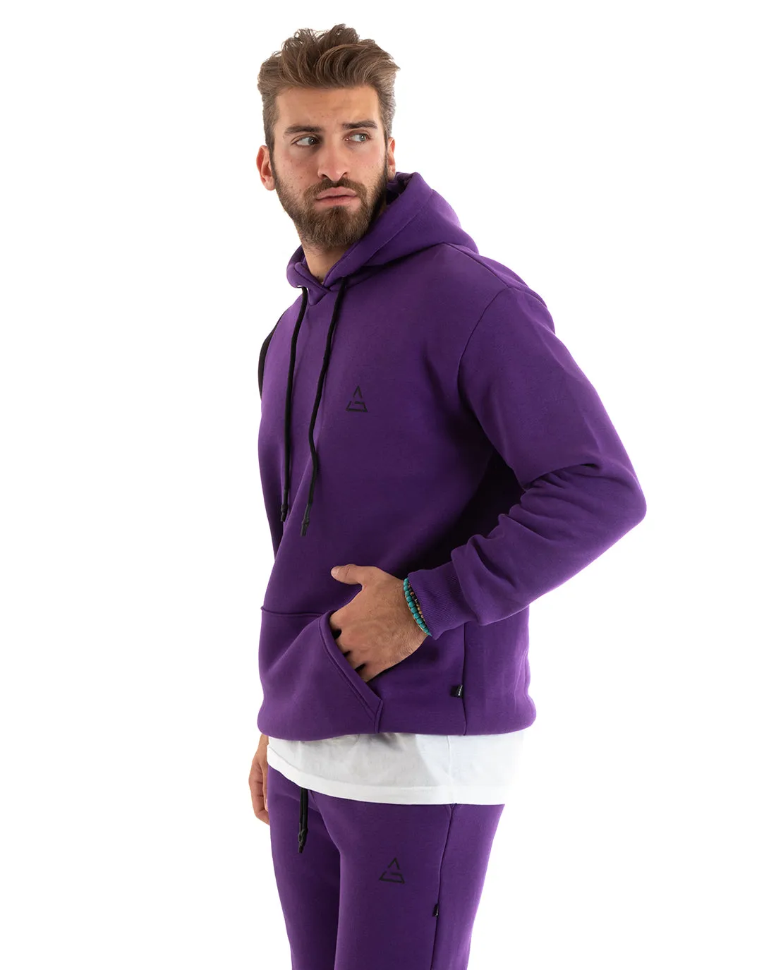 Felpa Uomo Con Cappuccio Maglia Felpata Basic Tinta Unita Bicolore Viola Regular Fit GIOSAL-F3012A