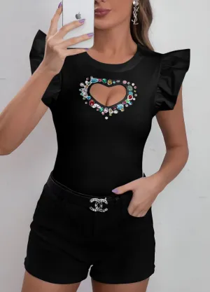 Maglia Donna Girocollo Giromanica Volant Cuore Pietre Multicolore