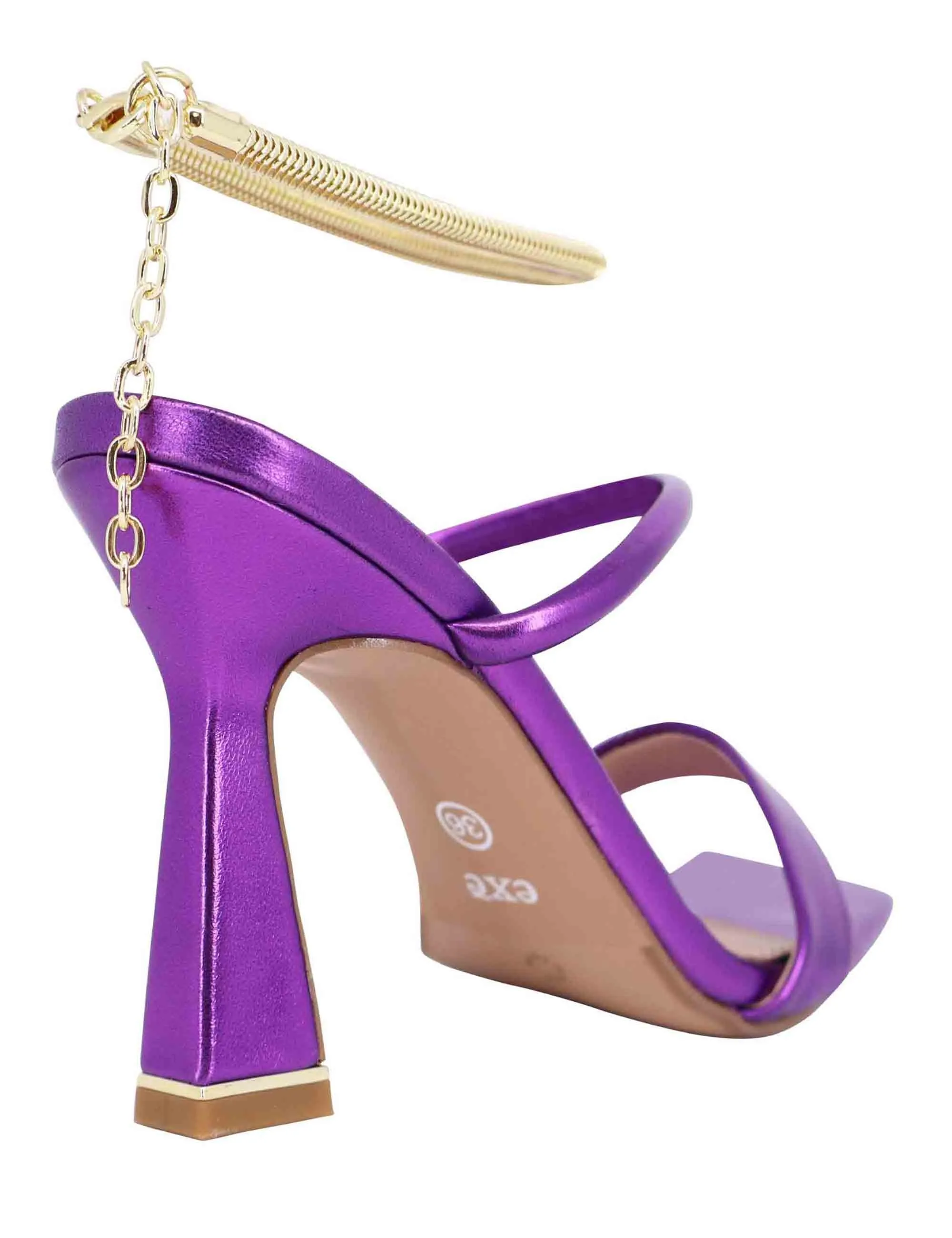 Sandali donna in eco pelle viola con tacco alto e cavigliera morbida in oro