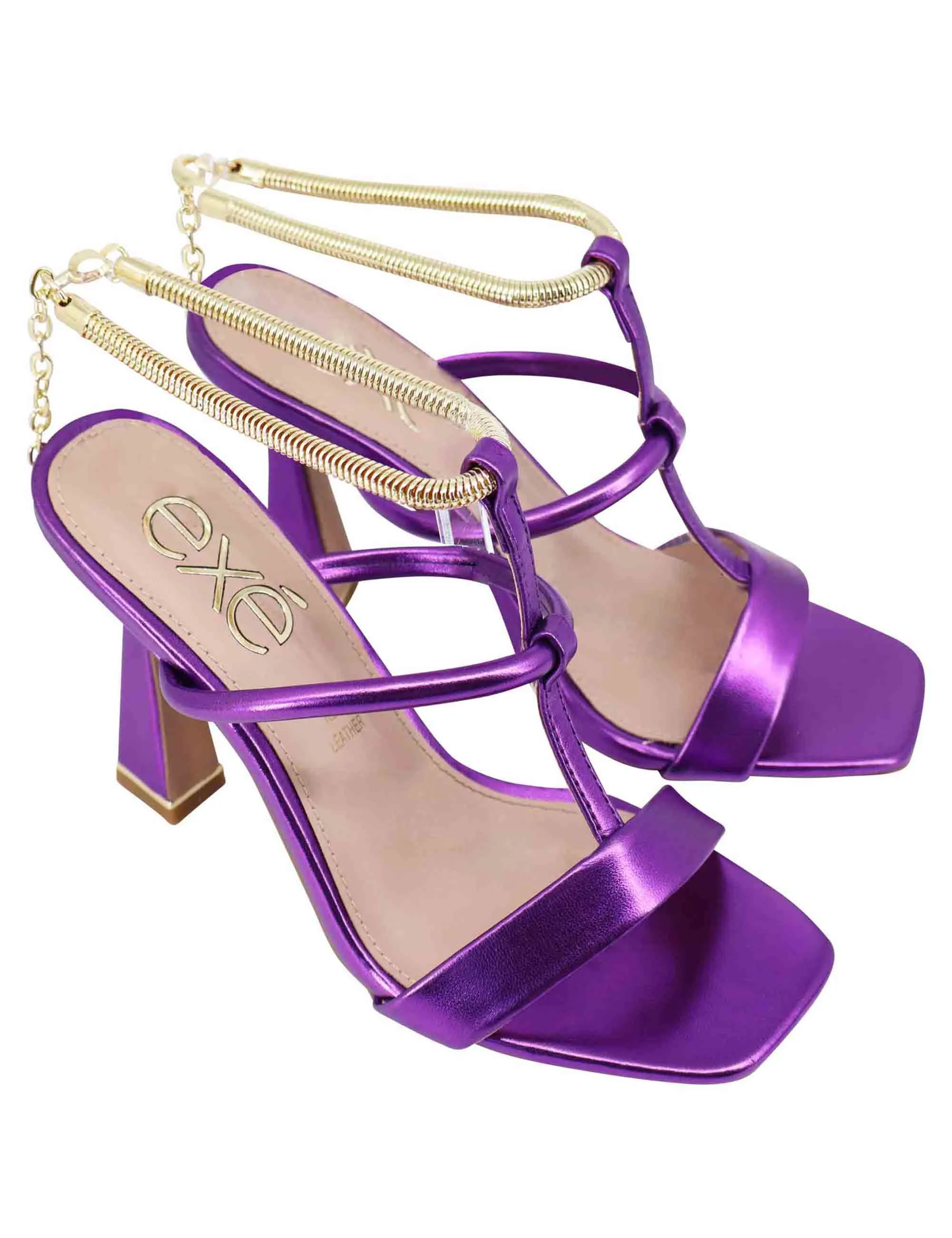 Sandali donna in eco pelle viola con tacco alto e cavigliera morbida in oro