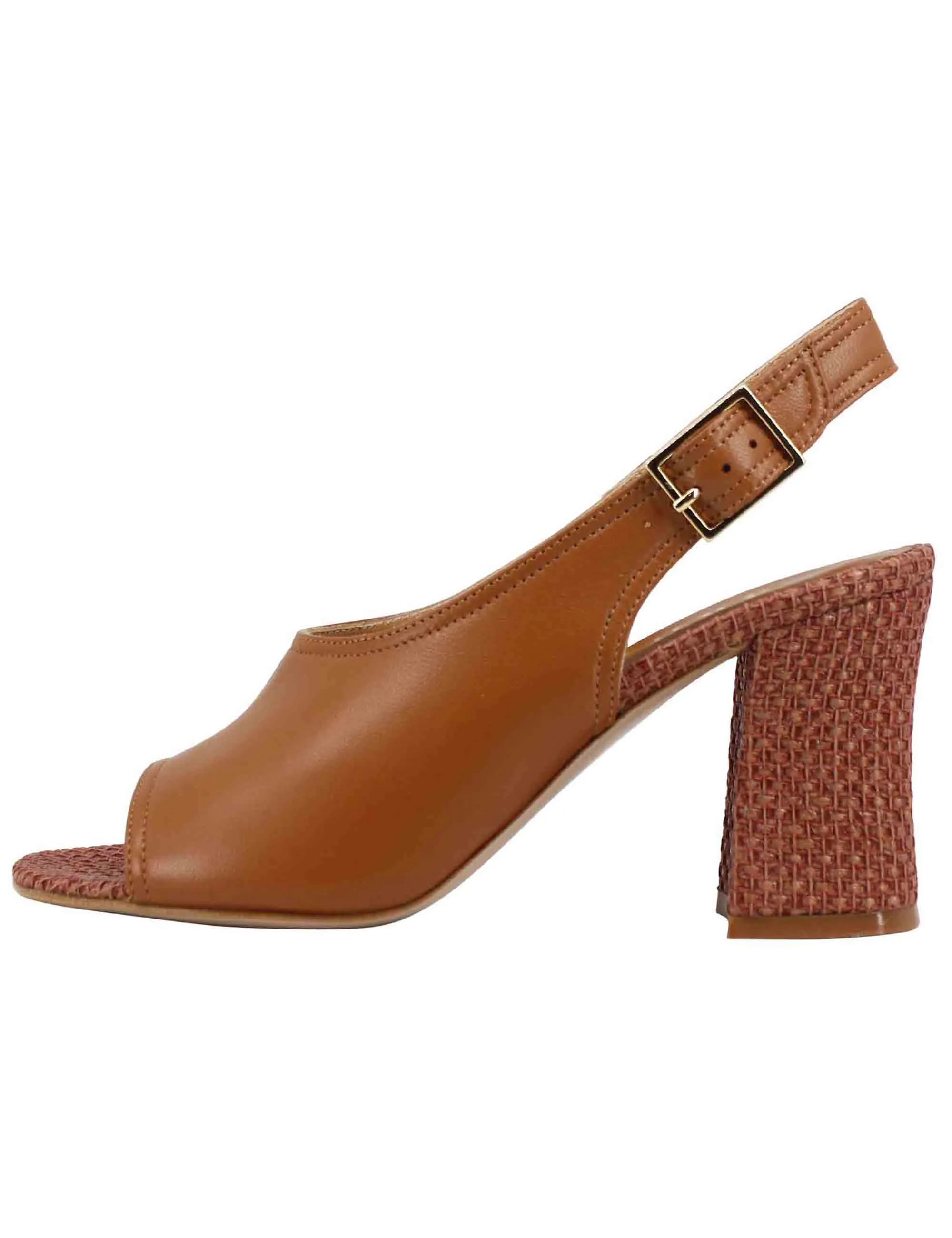 Sandali slingback donna in pelle cuoio con tacco alto rivestito in rafia