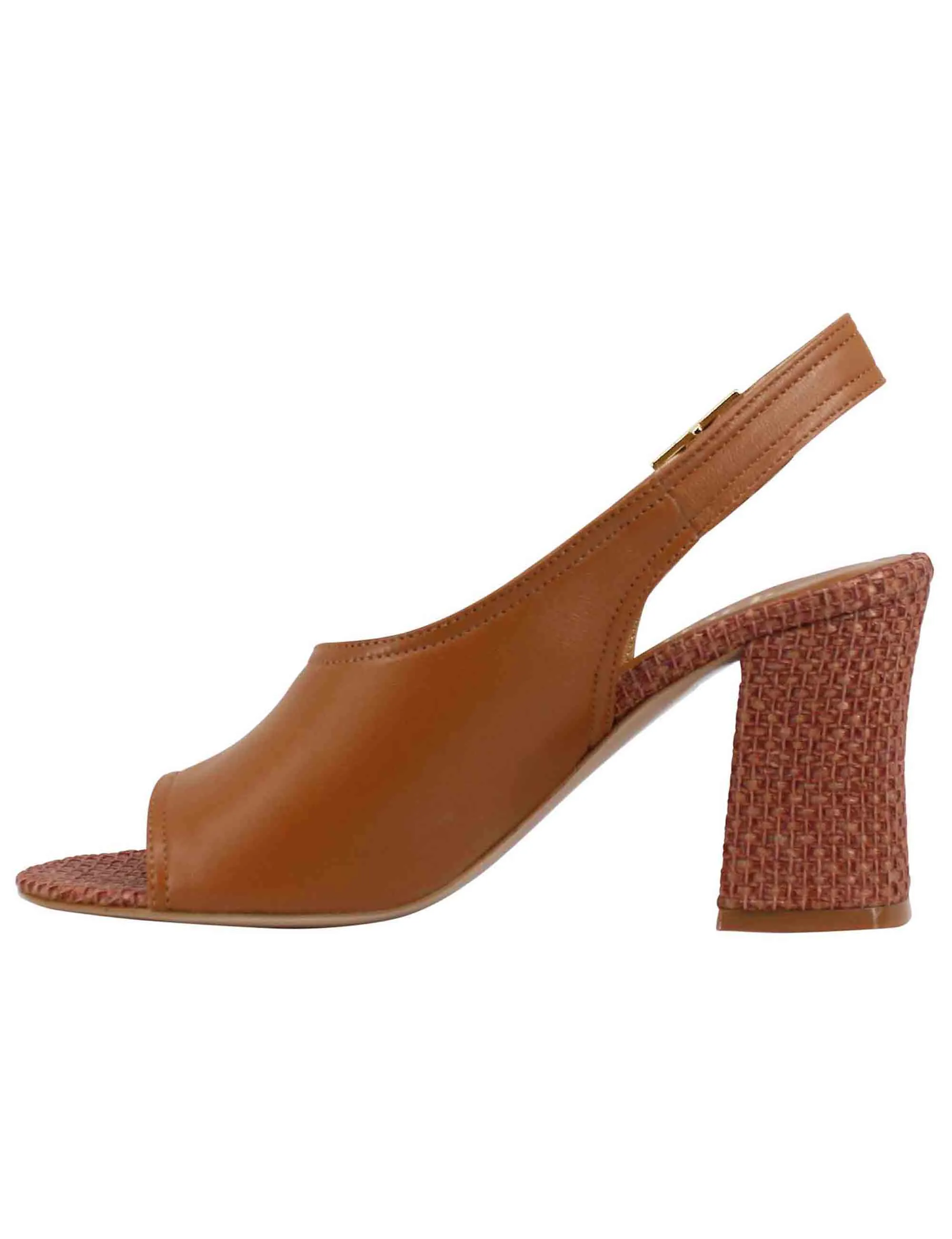 Sandali slingback donna in pelle cuoio con tacco alto rivestito in rafia