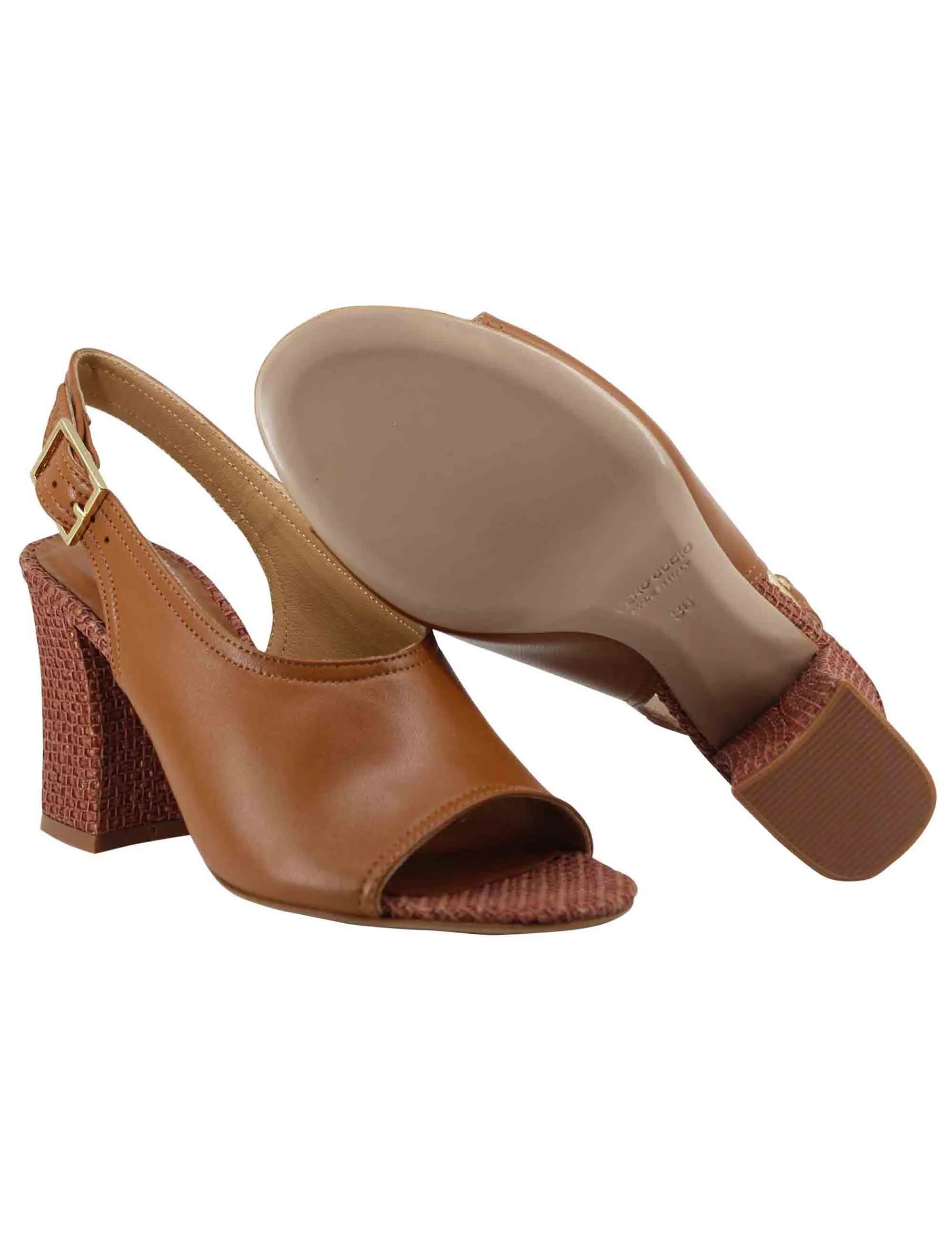 Sandali slingback donna in pelle cuoio con tacco alto rivestito in rafia