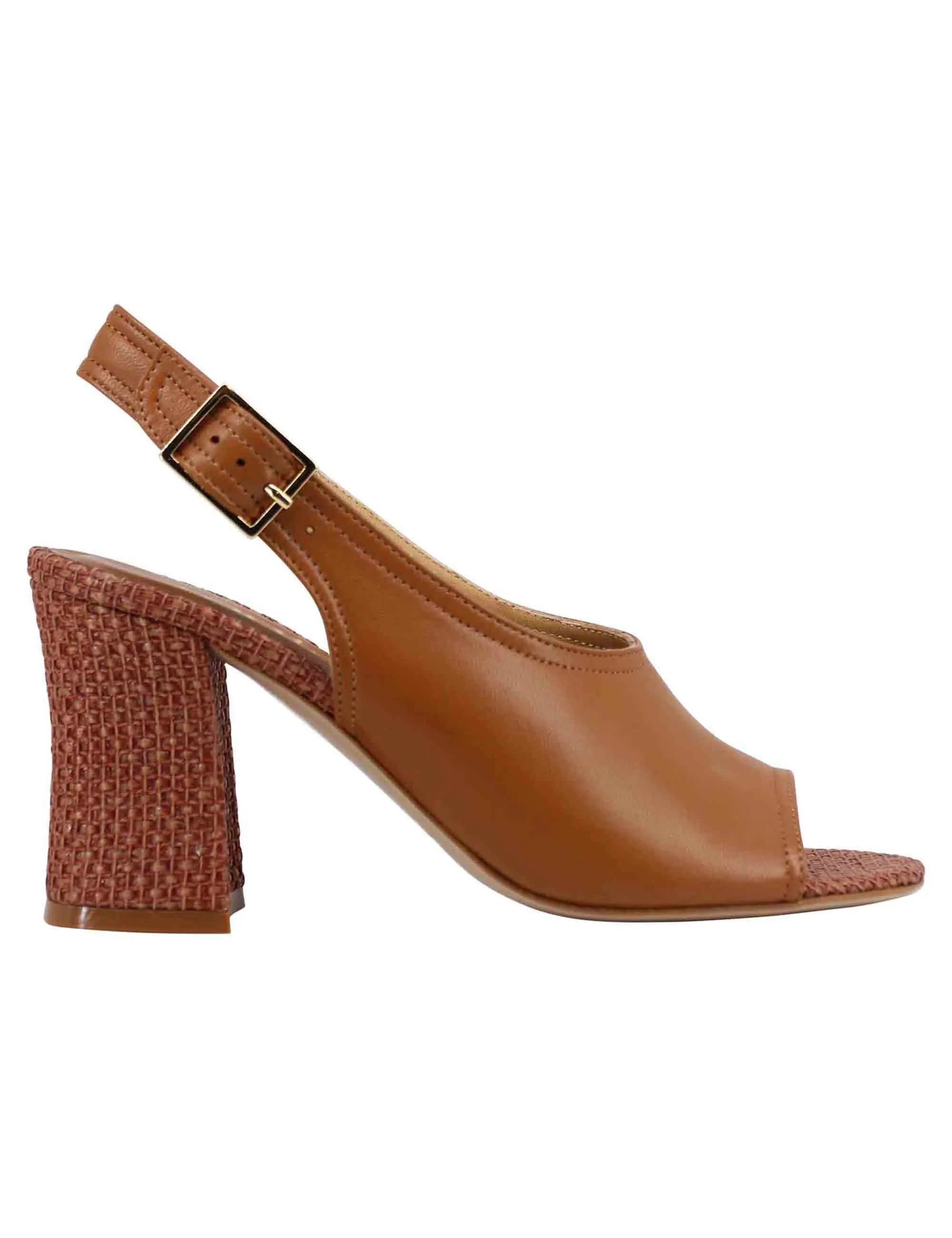 Sandali slingback donna in pelle cuoio con tacco alto rivestito in rafia