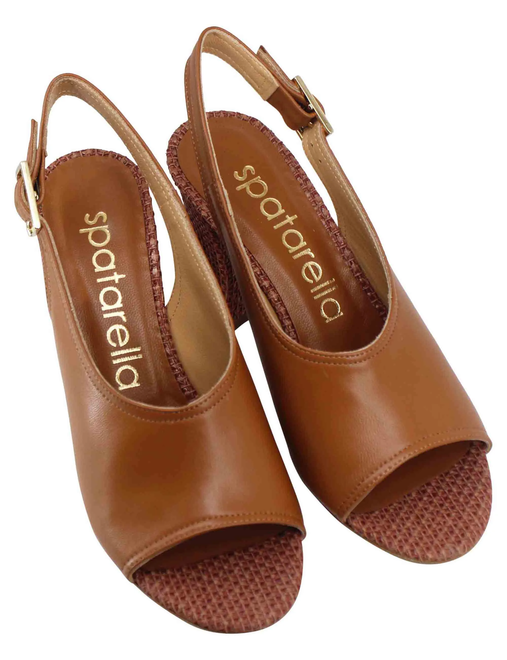 Sandali slingback donna in pelle cuoio con tacco alto rivestito in rafia