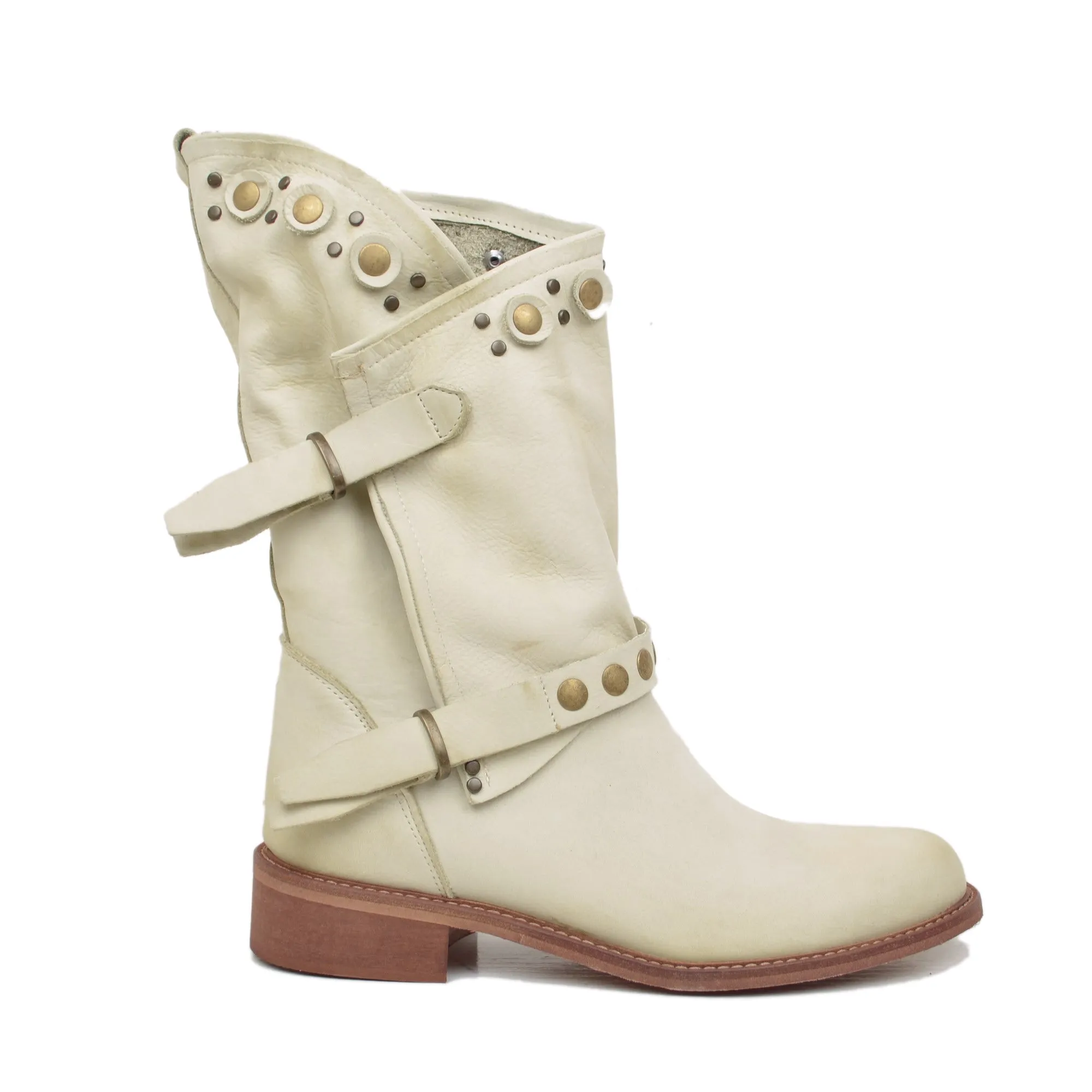 Stivali Donna Biker Estivi Beige in Pelle con Borchie e Zip