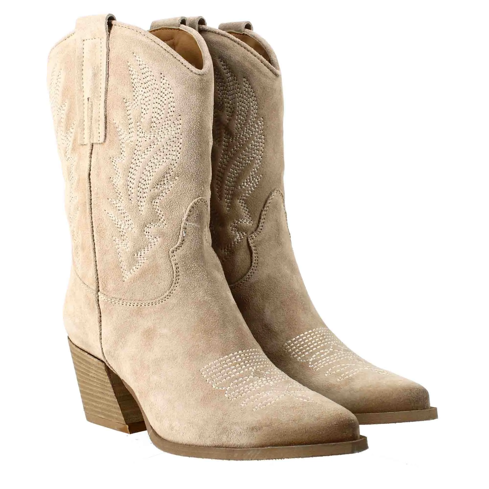 Stivali texani bassi da donna in camoscio beige con ricami.